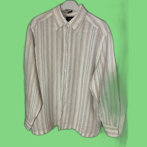 Claiborne Men's Large White Beige and Gray Stripe 100% Linen Button Up Shirt EUC - Picture 1 of 5